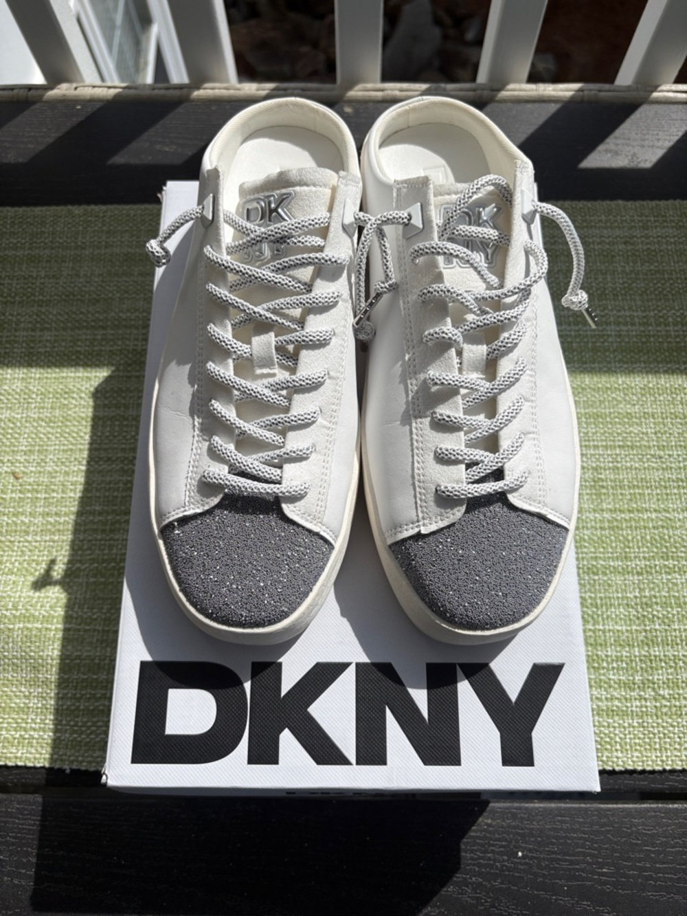 New-DKNY  White Slip On Sneakers with 
Silver Glitter Toe Caps